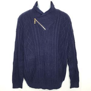 NEW Coofandy Cable Knit Sweater Sz L Shawl Collar Navy Blue